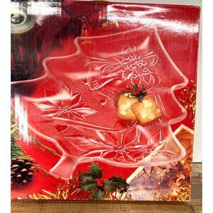 Home Beautiful Holiday Tree-Shaped Glass Serving Platter With Poinsettia Design